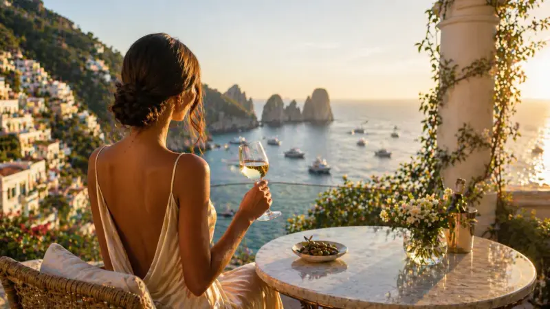 Luxury summer travel escort setting on a coastal terrace overlooking the sea with wine and yachts at sunset