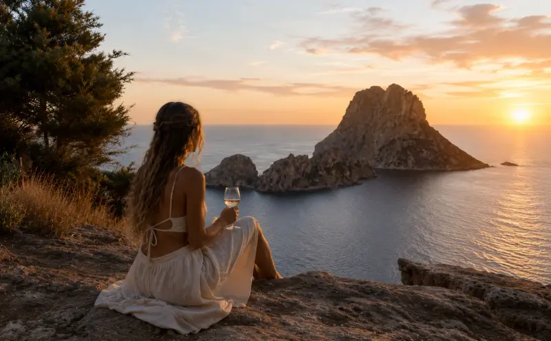 High-class escort companion overlooking Es Vedrà at sunset in Ibiza