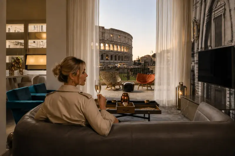 A high-class escort companion with a glass of champagne in a Rome hotel room overlooking the Colosseum with Top Companions