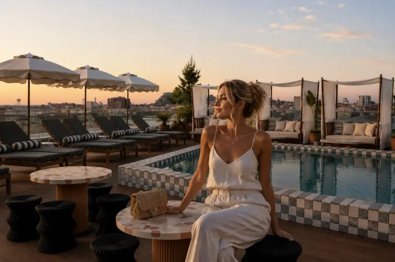 A high-class escort companion on a Barcelona rooftop terrace at sunset with Top Companions