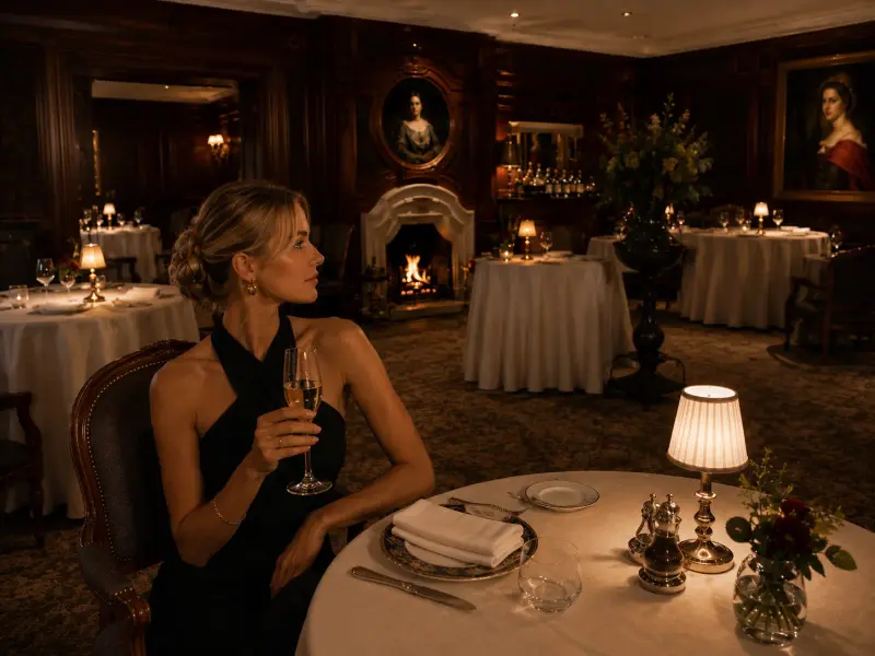 A high-class dinner date escort enjoying an elegant evening at a refined Berlin restaurant with Top Companions