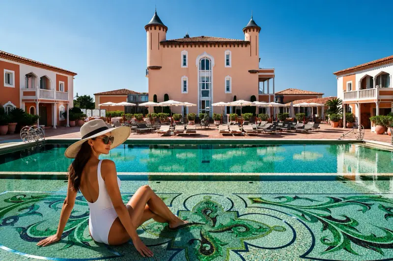 A high-class escort relaxing by the pool at one of Europe's most epic luxury hotels with Top Companions