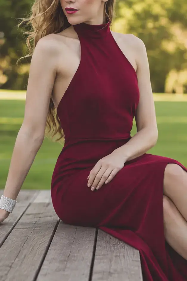 High-class escort Vilamoura: elegant escort in a burgundy halter gown seated by the pool