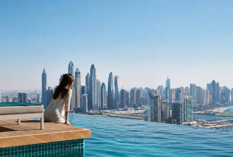 A high-class escort relaxing in an infinity pool overlooking the Dubai skyline with Top Companions
