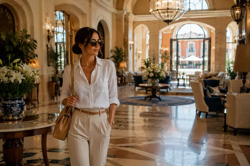 A high-class business trip escort companion in the lobby of a luxury hotel during a professional travel stay with Top Companions